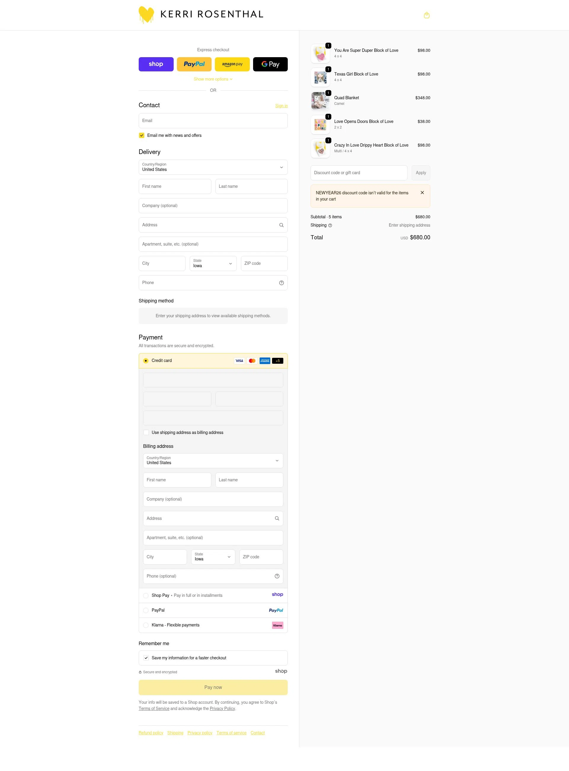 KERRI ROSENTHAL checkout page showing KERRI ROSENTHAL discount code box | Screenshot taken by SimplyCodes community member on Dec 31, 2025