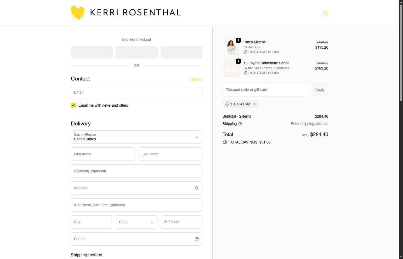 KERRI ROSENTHAL checkout page showing KERRI ROSENTHAL discount code box | Screenshot taken by SimplyCodes community member on Dec 4, 2025