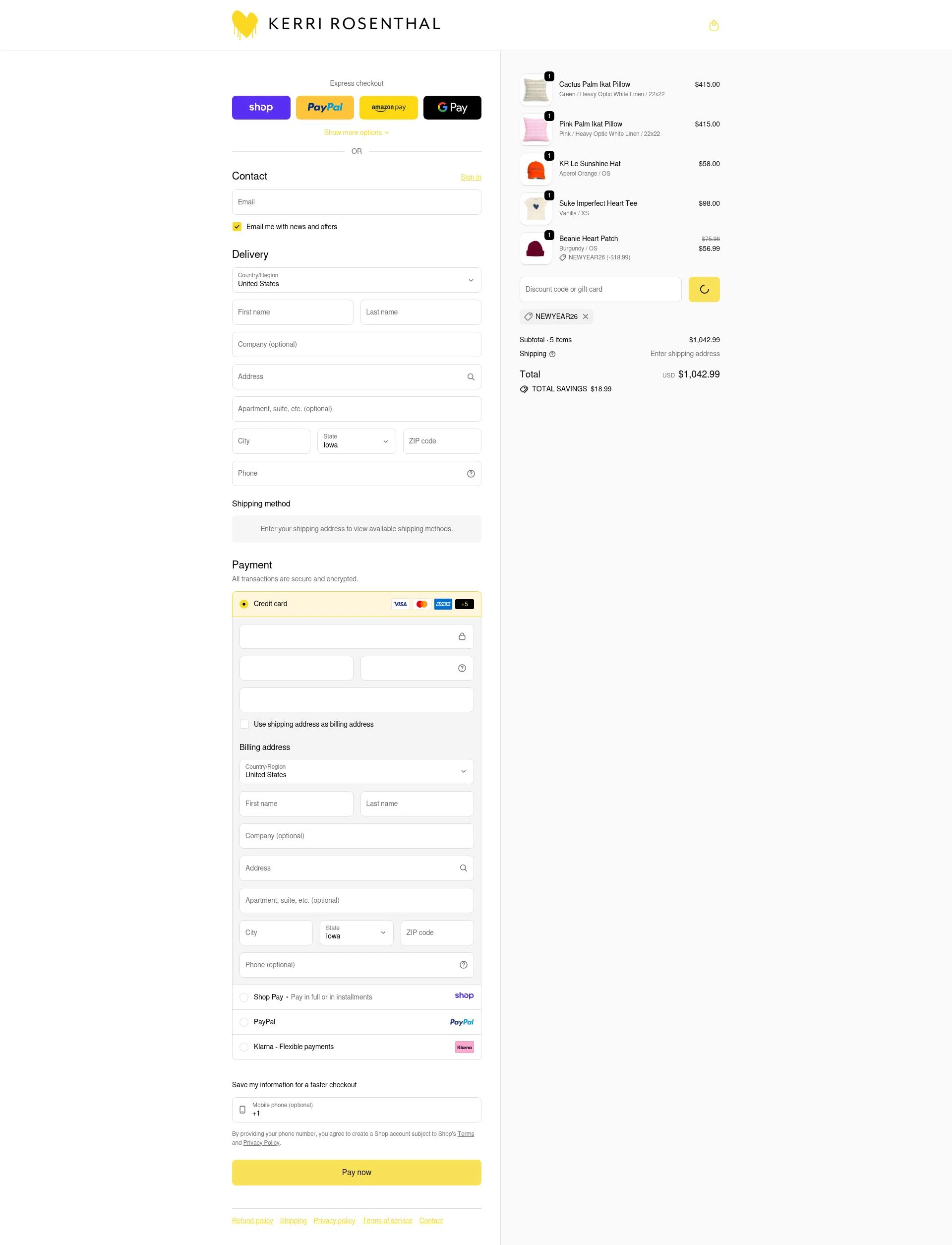 KERRI ROSENTHAL checkout page showing KERRI ROSENTHAL discount code box | Screenshot taken by SimplyCodes community member on Jan 11, 2026