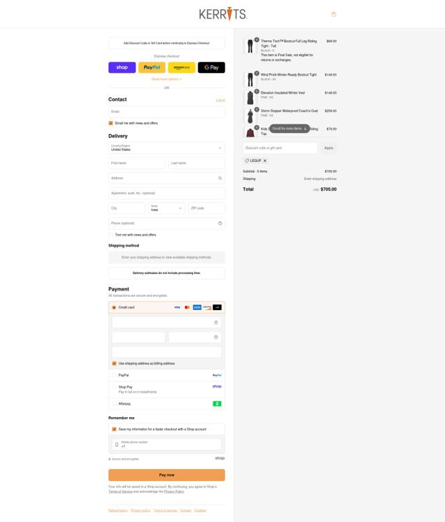 Kerrits checkout page showing Kerrits discount code box | Screenshot taken by SimplyCodes community member on Sep 6, 2025