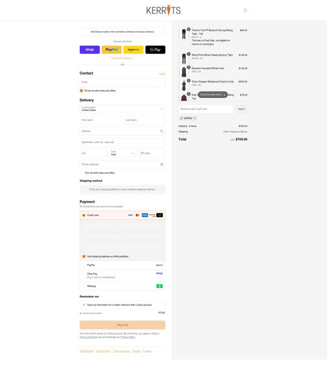 Kerrits checkout page showing Kerrits discount code box | Screenshot taken by SimplyCodes community member on Sep 1, 2025