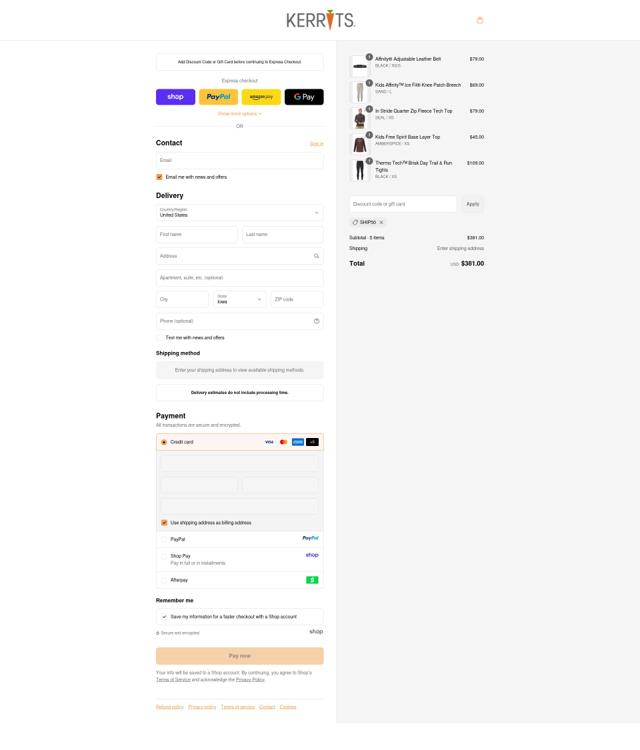 Kerrits checkout page showing Kerrits discount code box | Screenshot taken by SimplyCodes community member on Sep 14, 2025
