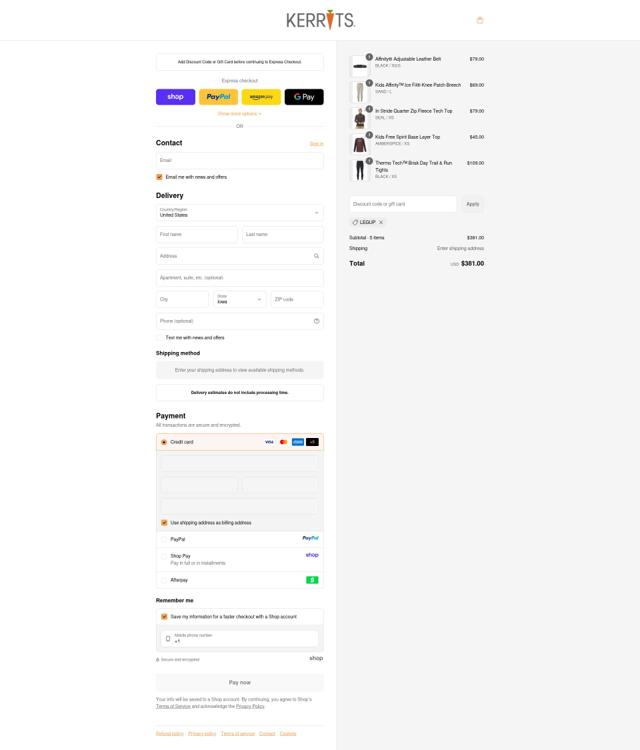Kerrits checkout page showing Kerrits discount code box | Screenshot taken by SimplyCodes community member on Sep 14, 2025