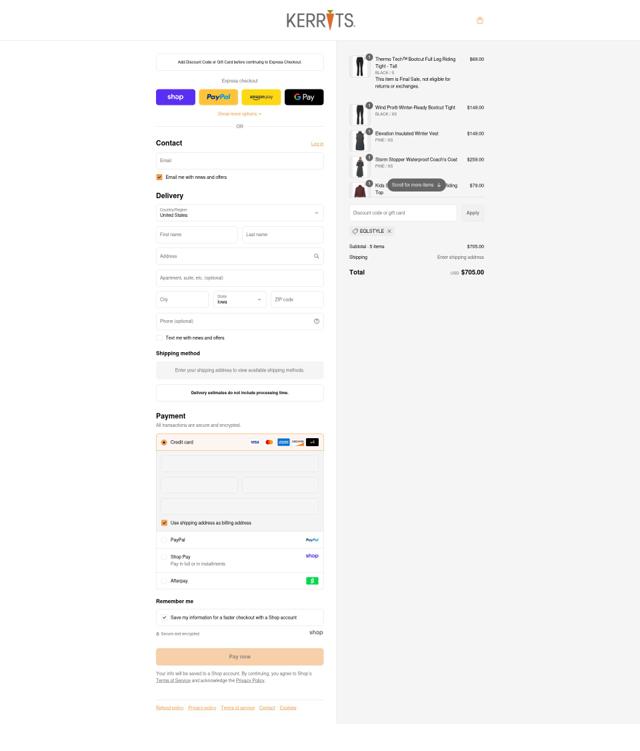 Kerrits checkout page showing Kerrits discount code box | Screenshot taken by SimplyCodes community member on Sep 6, 2025