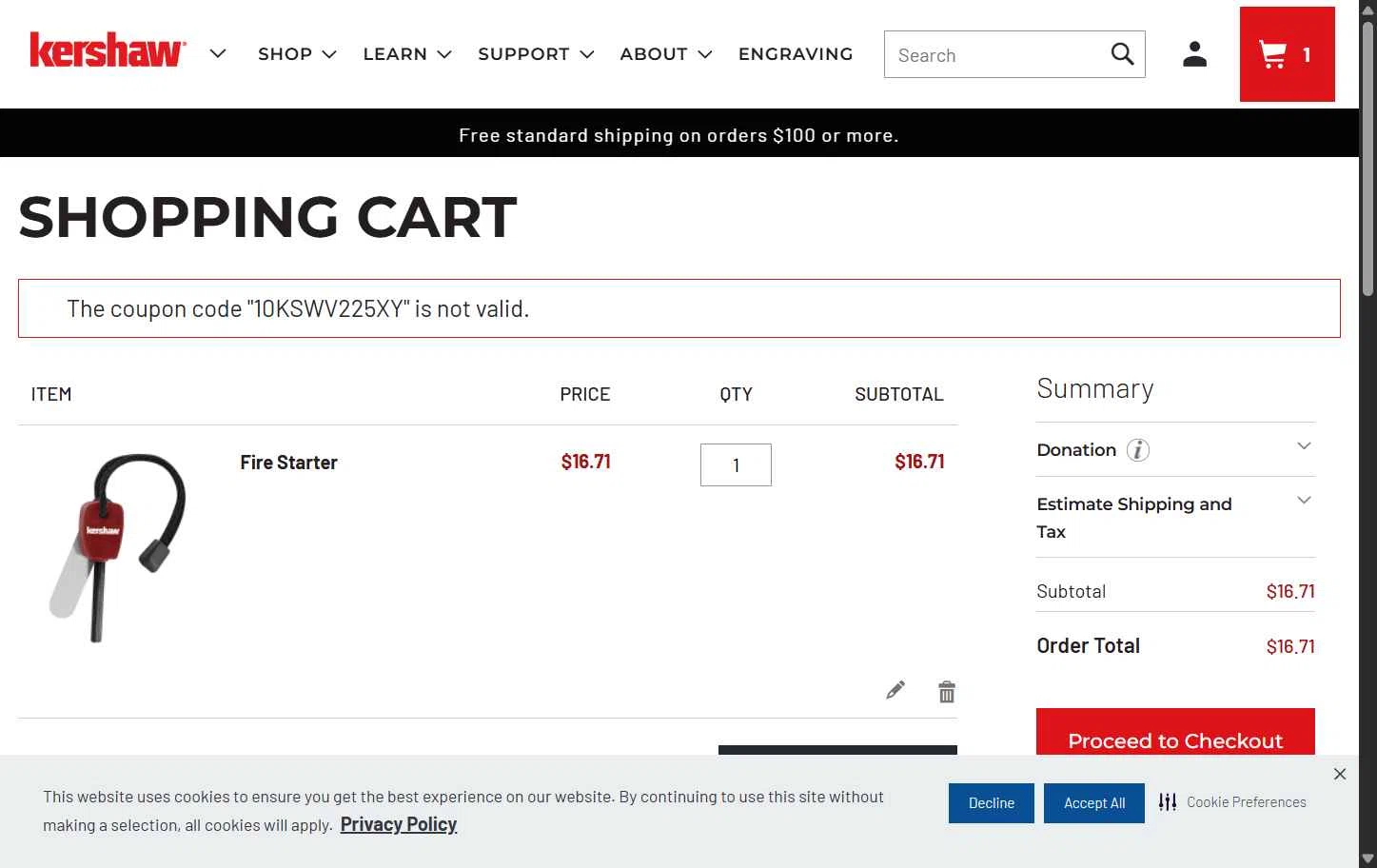 Kershaw checkout page showing Kershaw discount code box | Screenshot taken by SimplyCodes community member on Aug 4, 2025