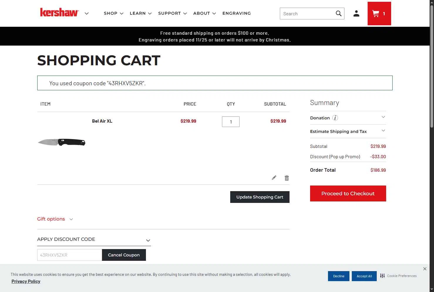Kershaw checkout page showing Kershaw discount code box | Screenshot taken by SimplyCodes community member on Dec 8, 2025