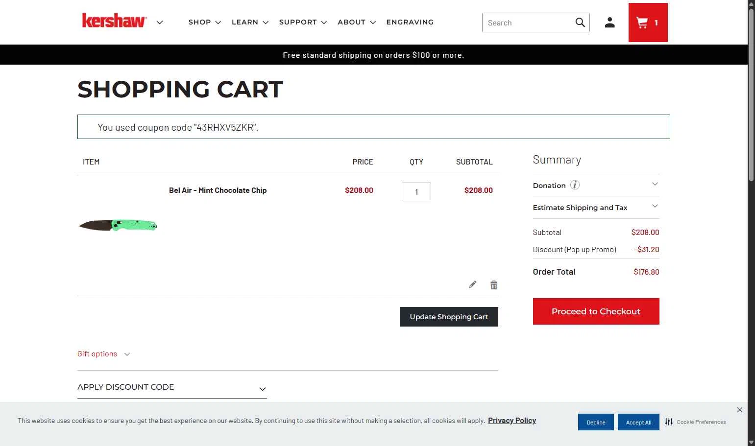 Kershaw checkout page showing Kershaw discount code box | Screenshot taken by SimplyCodes community member on Nov 9, 2025
