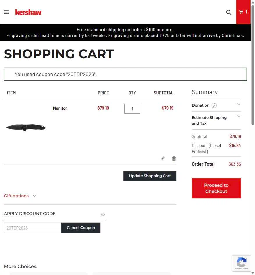 Kershaw checkout page showing Kershaw discount code box | Screenshot taken by SimplyCodes community member on Jan 1, 2026