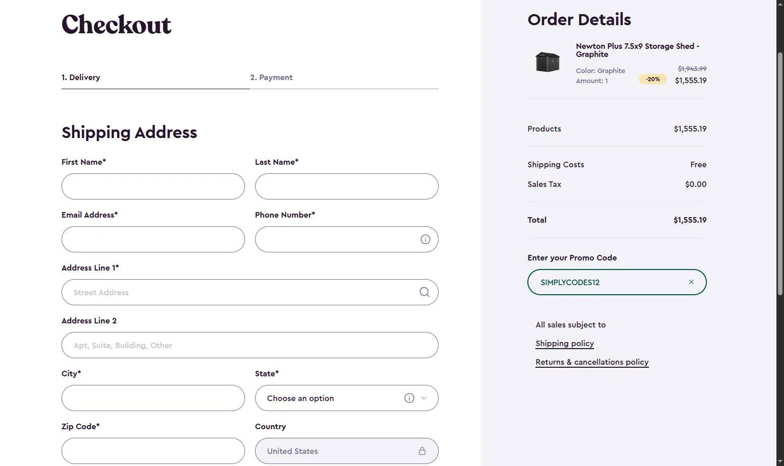 Keter checkout page showing Keter promo code box | Screenshot taken by SimplyCodes community member on Jan 2, 2026