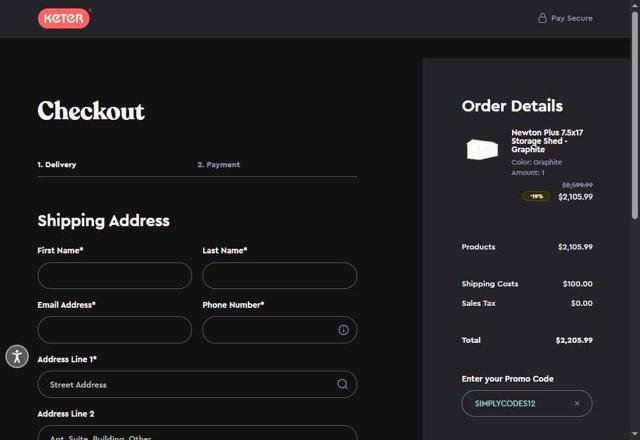 Keter checkout page showing Keter promo code box | Screenshot taken by SimplyCodes community member on May 15, 2025