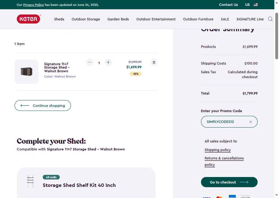 Keter checkout page showing Keter promo code box | Screenshot taken by SimplyCodes community member on Jul 2, 2025