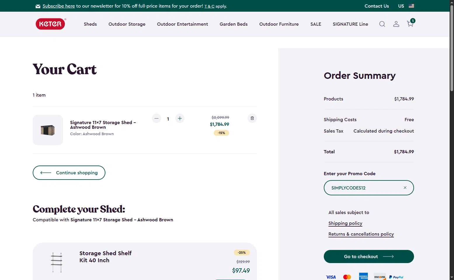 Keter checkout page showing Keter promo code box | Screenshot taken by SimplyCodes community member on Sep 6, 2025