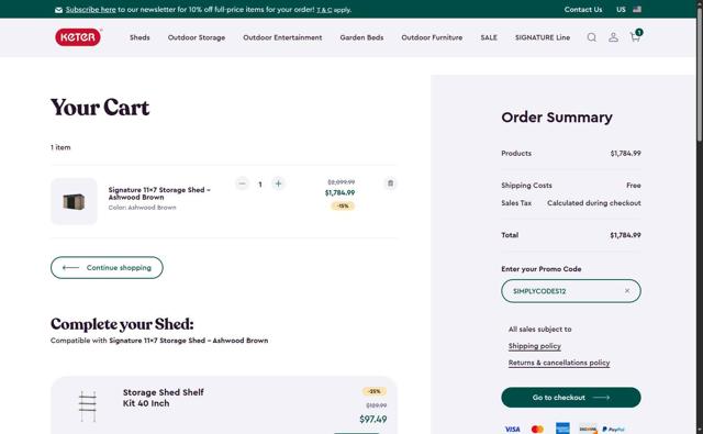Keter checkout page showing Keter promo code box | Screenshot taken by SimplyCodes community member on Sep 6, 2025