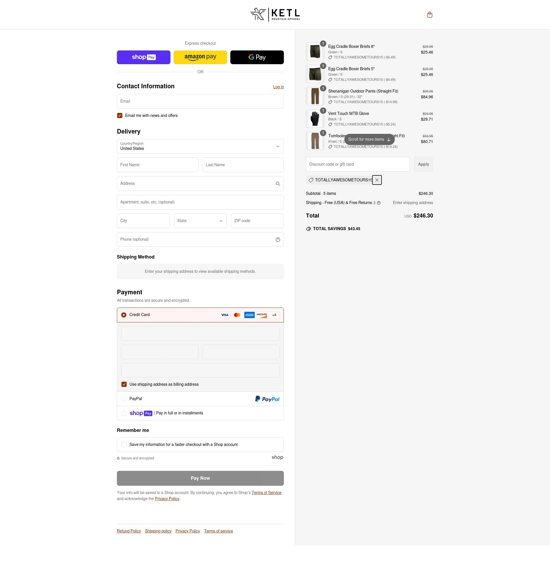 KETL Mtn. checkout page showing KETL Mtn. discount code box | Screenshot taken by SimplyCodes community member on Apr 9, 2025