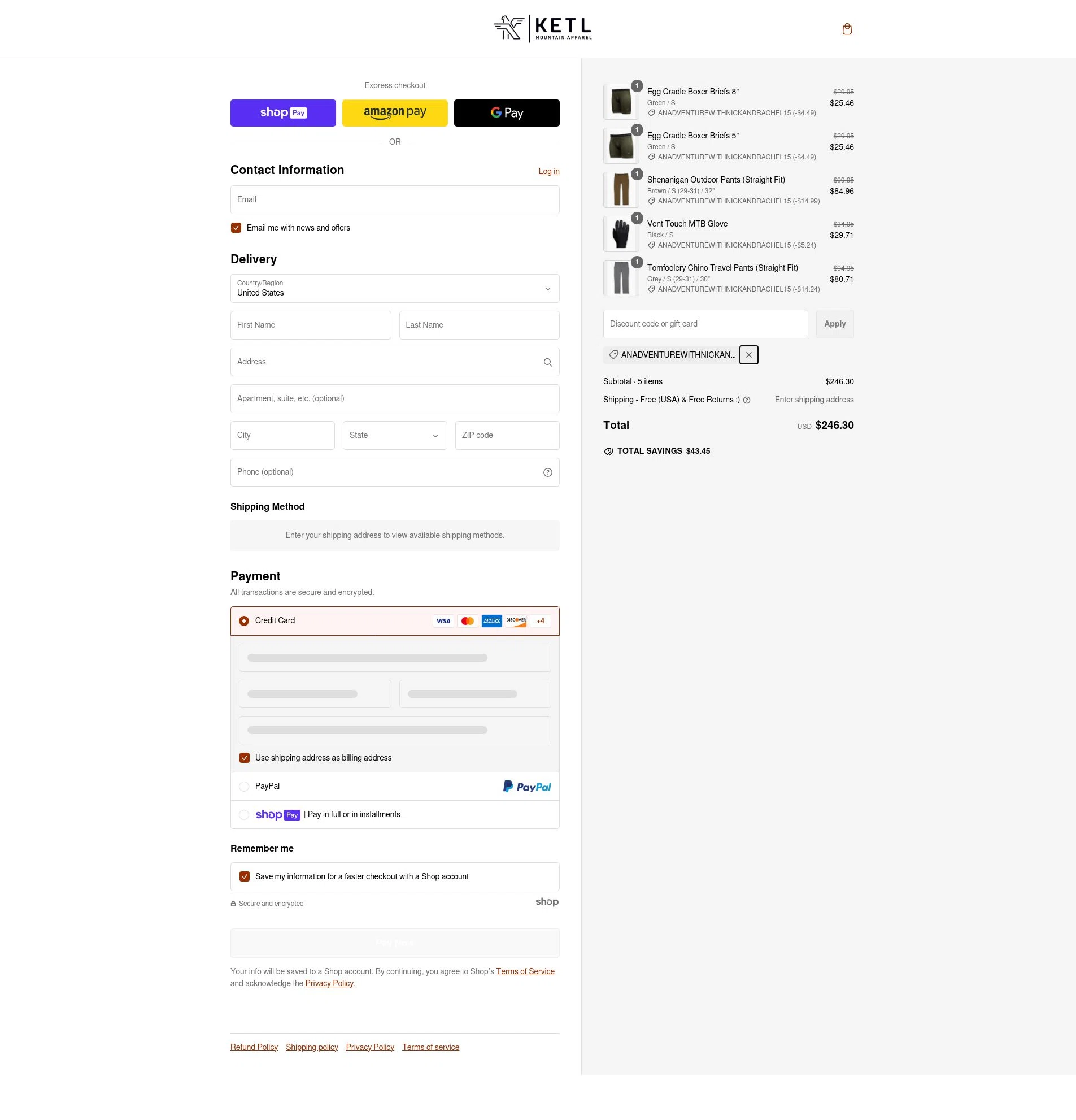 KETL Mtn. checkout page showing KETL Mtn. discount code box | Screenshot taken by SimplyCodes community member on Mar 2, 2025