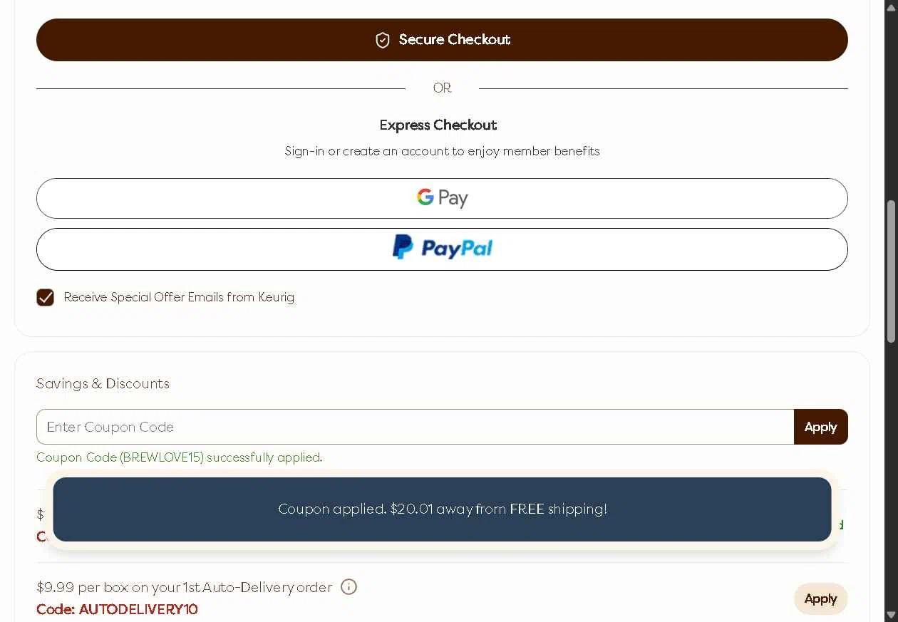 Keurig Commercial checkout page showing Keurig Commercial promo code box | Screenshot taken by SimplyCodes community member on Oct 10, 2025