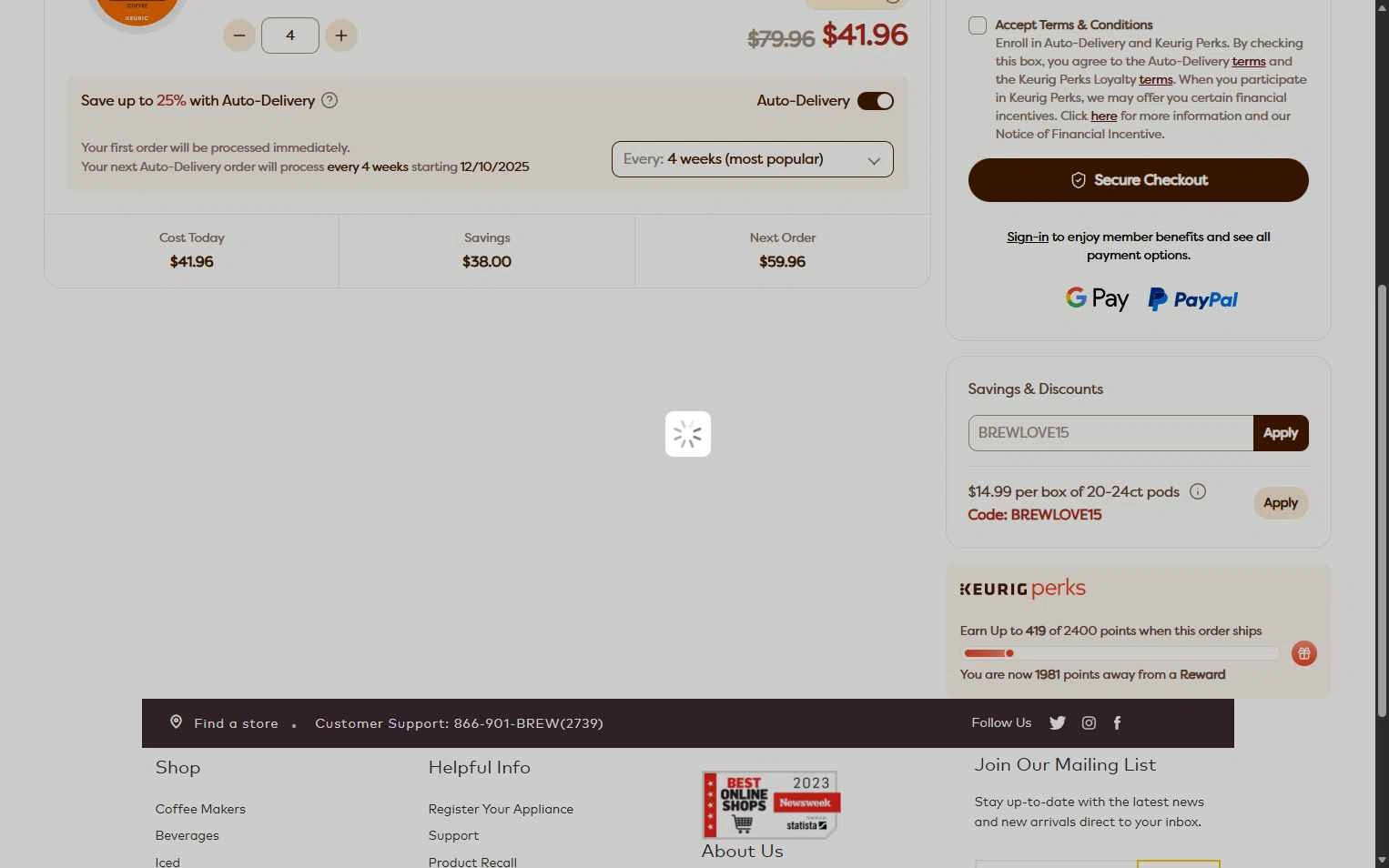 Keurig Commercial checkout page showing Keurig Commercial promo code box | Screenshot taken by SimplyCodes community member on Nov 9, 2025
