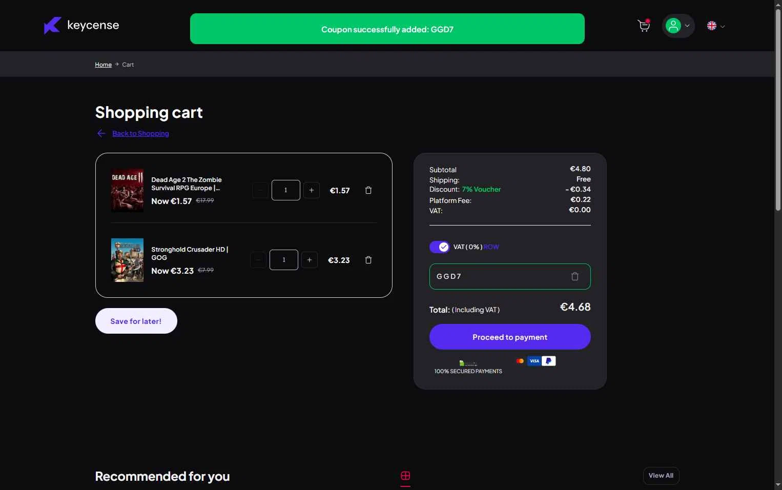 Keycense checkout page showing Keycense promo code box | Screenshot taken by SimplyCodes community member on Dec 18, 2025