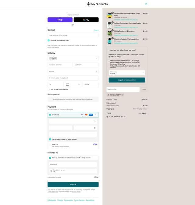 Key Nutrients checkout page showing Key Nutrients discount code box | Screenshot taken by SimplyCodes community member on Sep 12, 2025