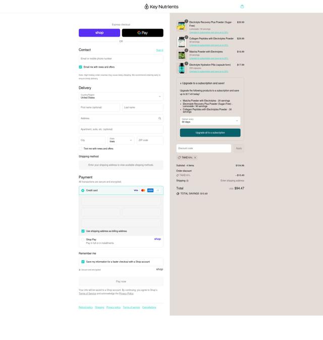 Key Nutrients checkout page showing Key Nutrients discount code box | Screenshot taken by SimplyCodes community member on Sep 12, 2025