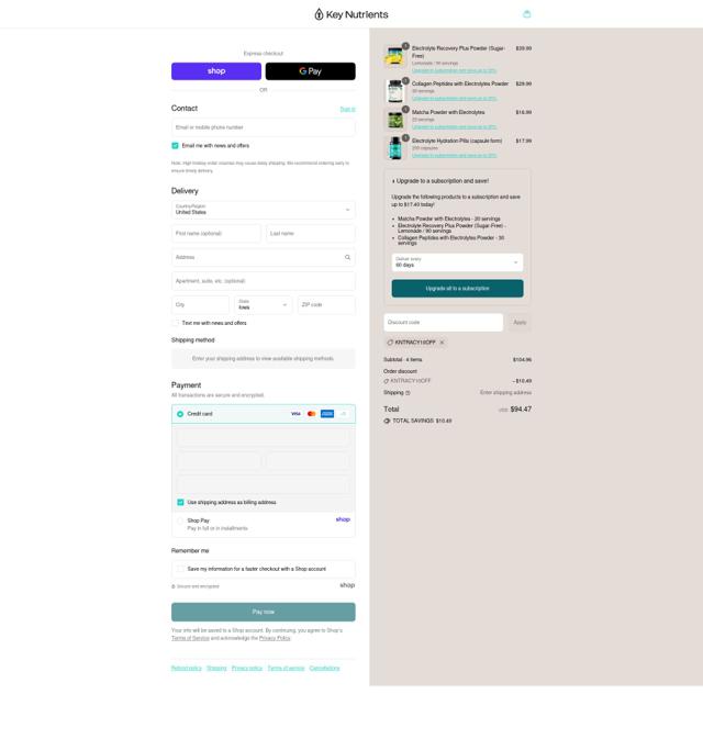 Key Nutrients checkout page showing Key Nutrients discount code box | Screenshot taken by SimplyCodes community member on Sep 12, 2025