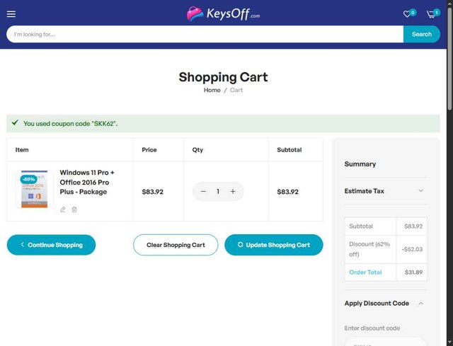 Keysoff checkout page showing Keysoff discount code box | Screenshot taken by SimplyCodes community member on Jul 20, 2025