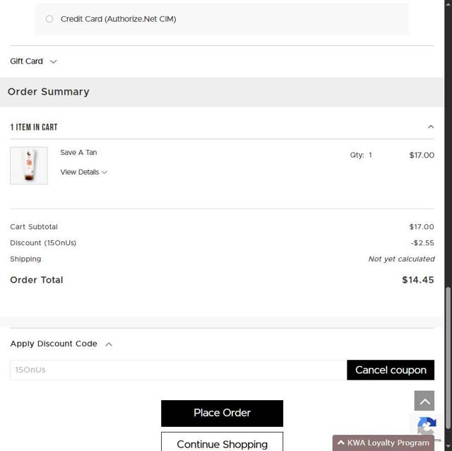 Key West Aloe checkout page showing Key West Aloe coupon code box | Screenshot taken by SimplyCodes community member on Aug 18, 2025