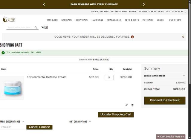 Key West Aloe checkout page showing Key West Aloe coupon code box | Screenshot taken by SimplyCodes community member on Sep 12, 2025