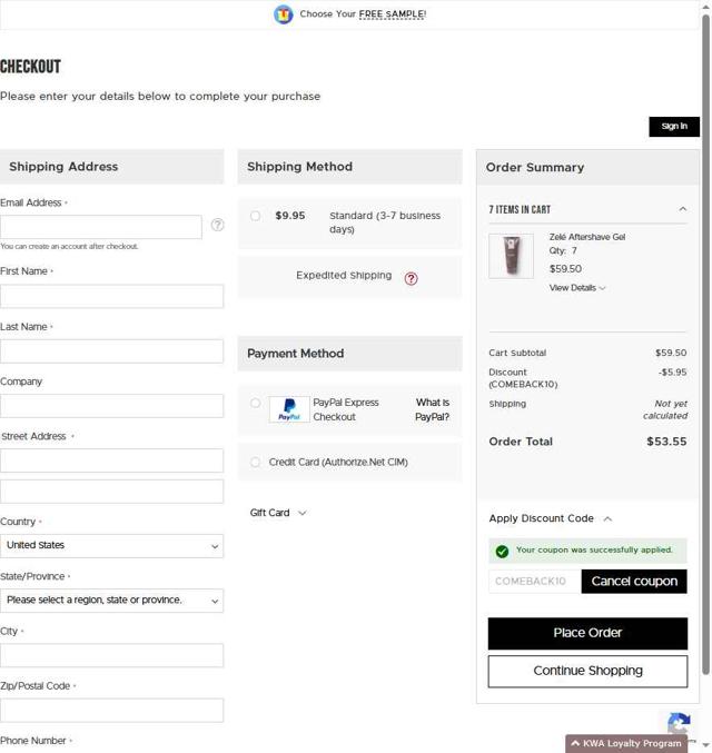 Key West Aloe checkout page showing Key West Aloe coupon code box | Screenshot taken by SimplyCodes community member on Aug 18, 2025