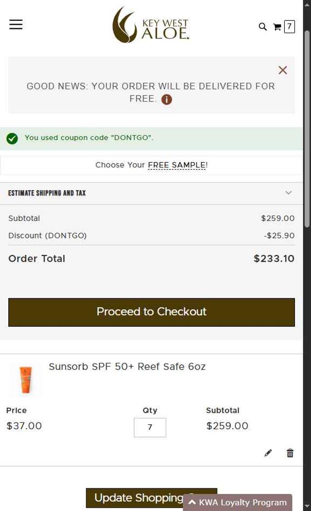 Key West Aloe checkout page showing Key West Aloe coupon code box | Screenshot taken by SimplyCodes community member on Aug 18, 2025