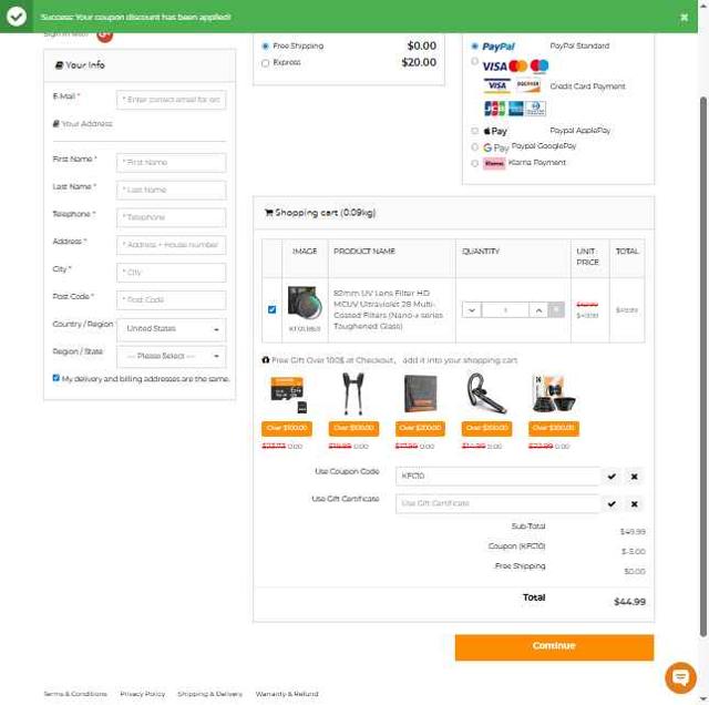 K&F Concept checkout page showing K&F Concept promo code box | Screenshot taken by SimplyCodes community member on Sep 4, 2025