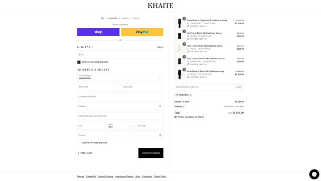 KHAITE checkout page showing KHAITE discount code box | Screenshot taken by SimplyCodes community member on Sep 9, 2025