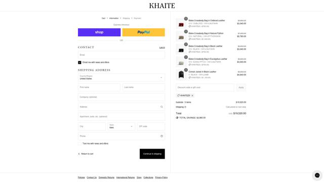 KHAITE checkout page showing KHAITE discount code box | Screenshot taken by SimplyCodes community member on Sep 5, 2025