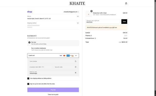 KHAITE checkout page showing KHAITE discount code box | Screenshot taken by SimplyCodes community member on Sep 1, 2025