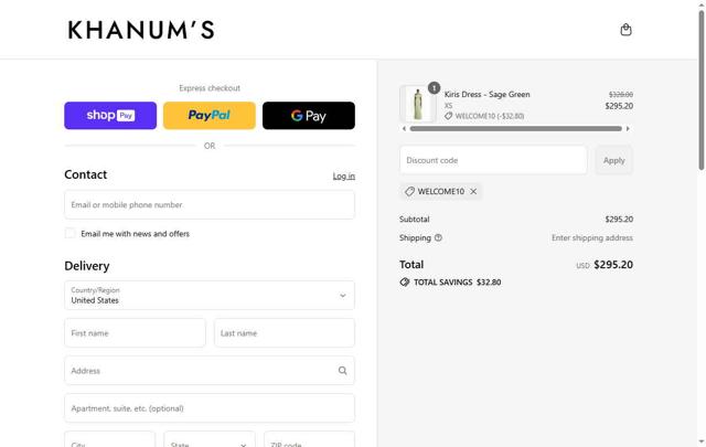 Khanum's checkout page showing Khanum's discount code box | Screenshot taken by SimplyCodes community member on Aug 7, 2025