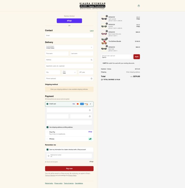 KIAURA Eyewear checkout page showing KIAURA Eyewear discount code box | Screenshot taken by SimplyCodes community member on Sep 3, 2025