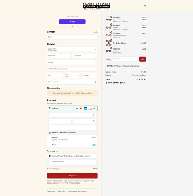 KIAURA Eyewear checkout page showing KIAURA Eyewear discount code box | Screenshot taken by SimplyCodes community member on Sep 3, 2025