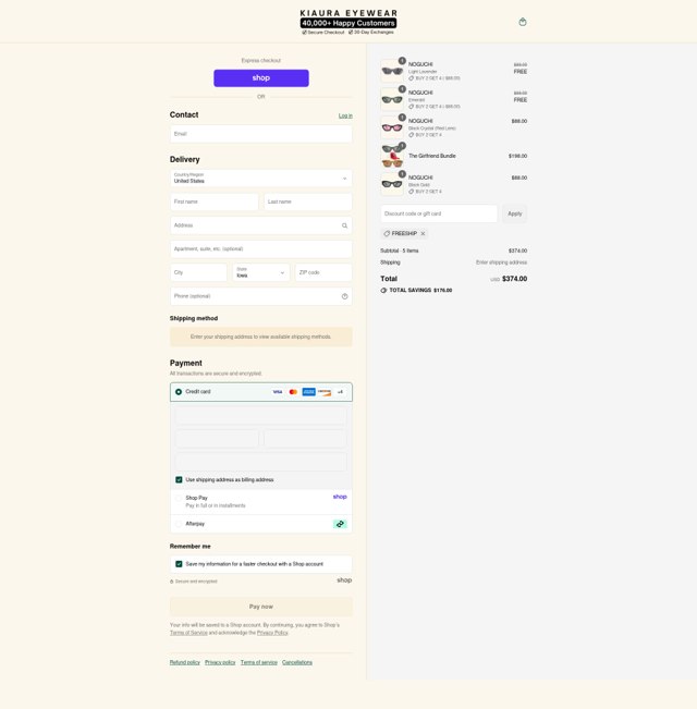 KIAURA Eyewear checkout page showing KIAURA Eyewear discount code box | Screenshot taken by SimplyCodes community member on Sep 3, 2025