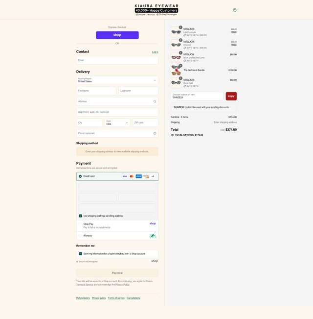 KIAURA Eyewear checkout page showing KIAURA Eyewear discount code box | Screenshot taken by SimplyCodes community member on Sep 3, 2025