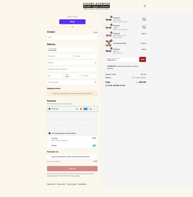 KIAURA Eyewear checkout page showing KIAURA Eyewear discount code box | Screenshot taken by SimplyCodes community member on Sep 3, 2025
