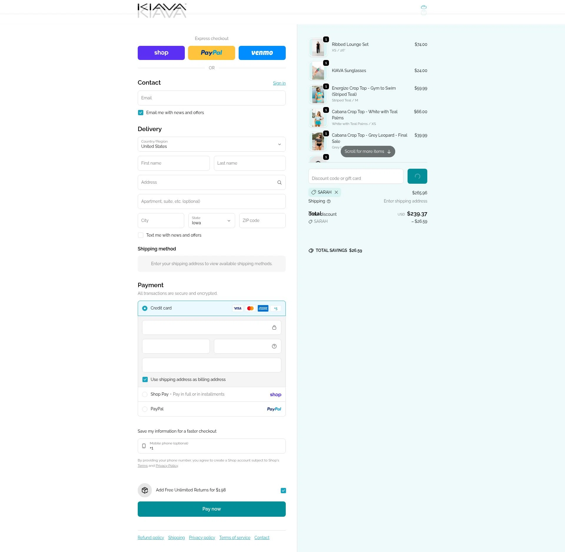 Kiava Clothing checkout page showing Kiava Clothing promo code box | Screenshot taken by SimplyCodes community member on Feb 13, 2026