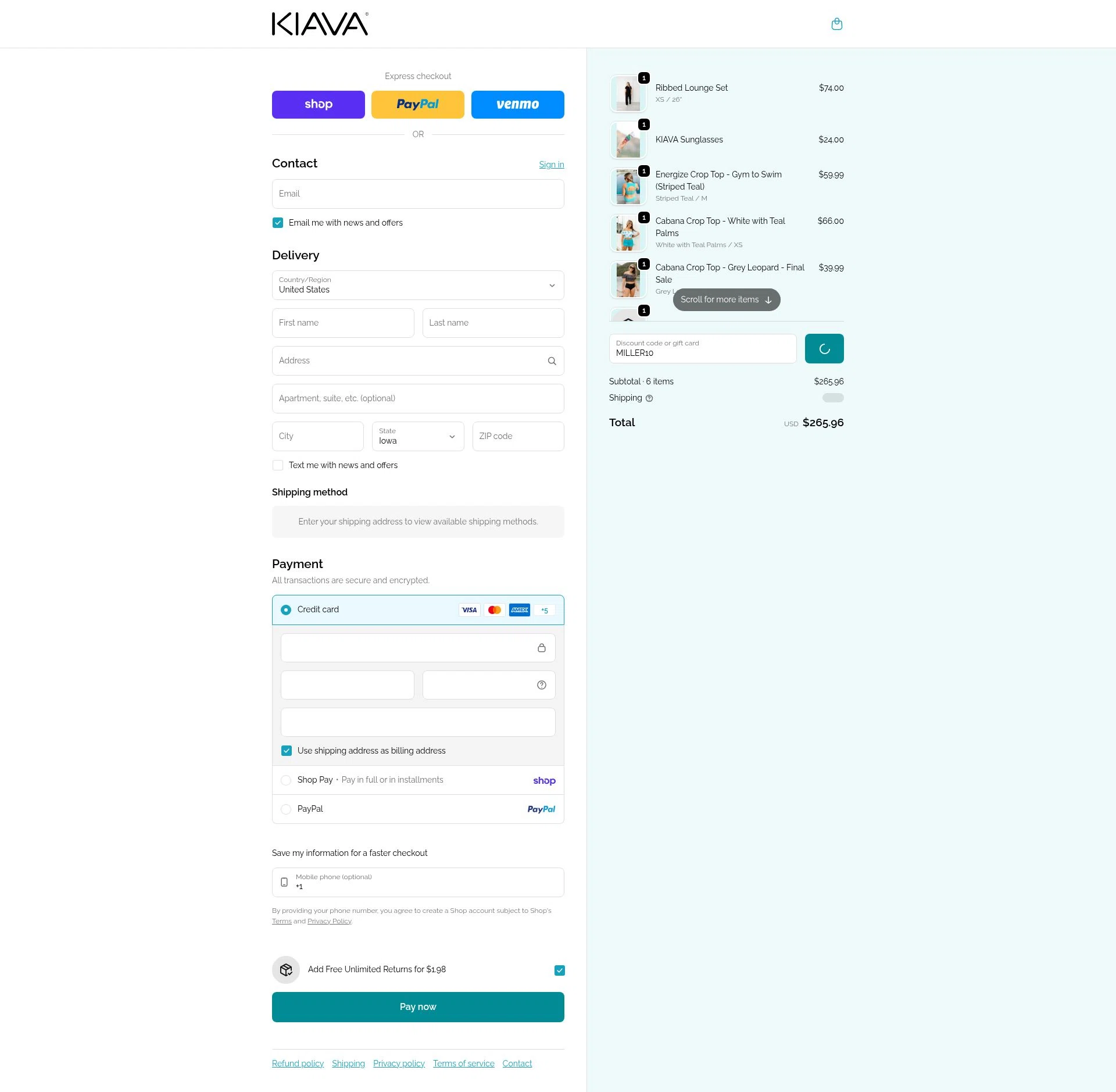 Kiava Clothing checkout page showing Kiava Clothing promo code box | Screenshot taken by SimplyCodes community member on Feb 13, 2026