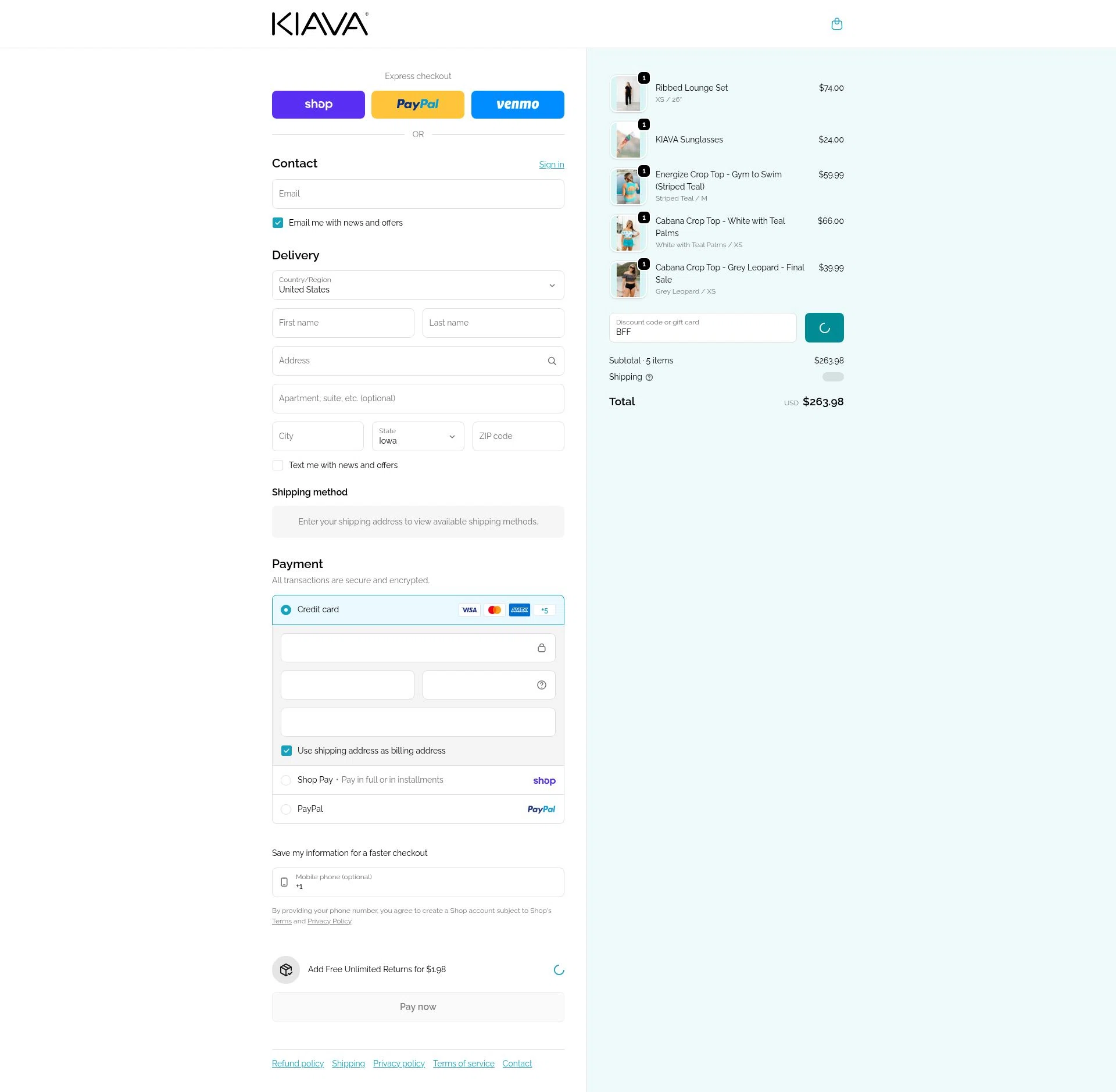 Kiava Clothing checkout page showing Kiava Clothing promo code box | Screenshot taken by SimplyCodes community member on Feb 13, 2026