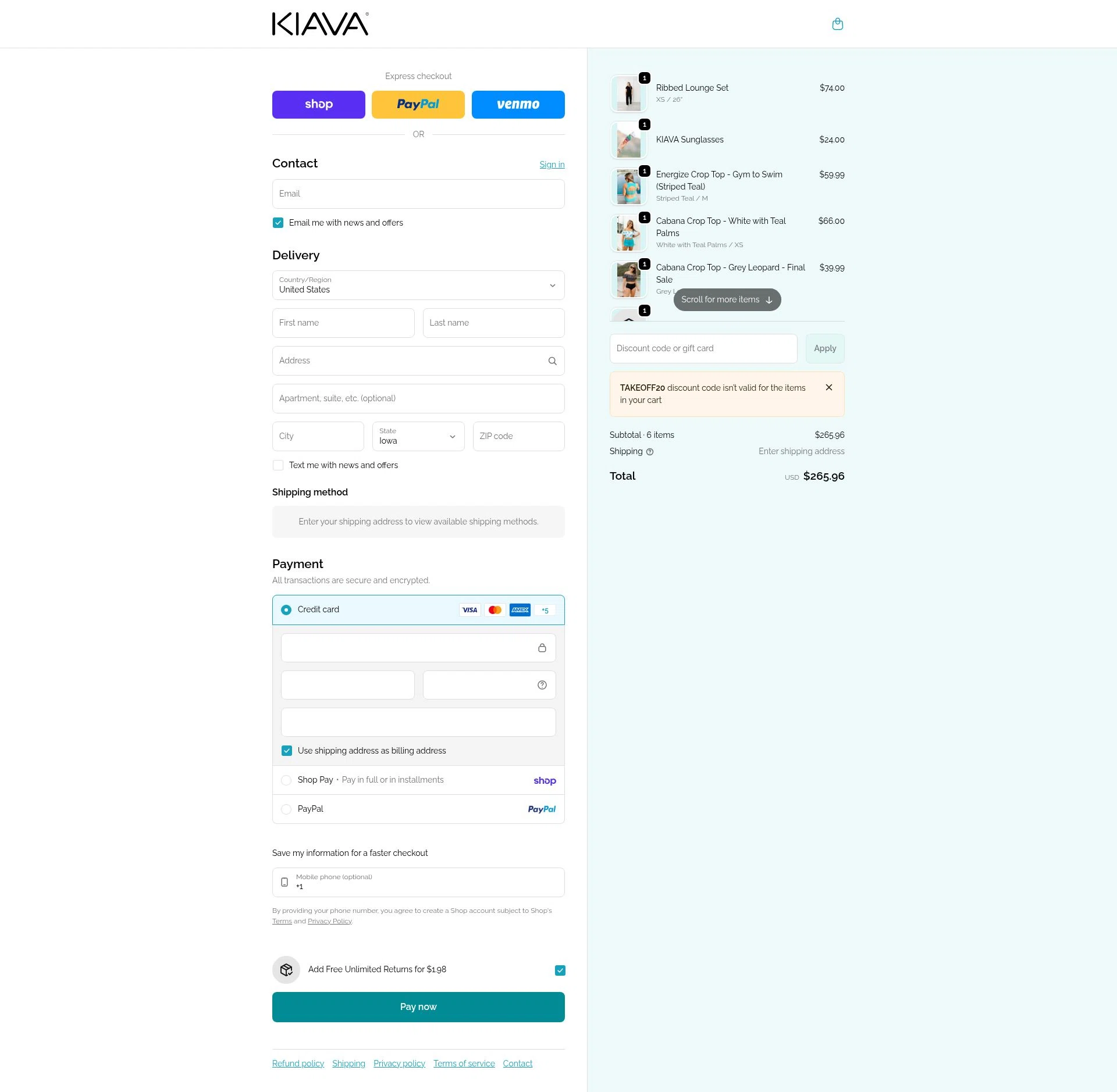 Kiava Clothing checkout page showing Kiava Clothing promo code box | Screenshot taken by SimplyCodes community member on Feb 13, 2026