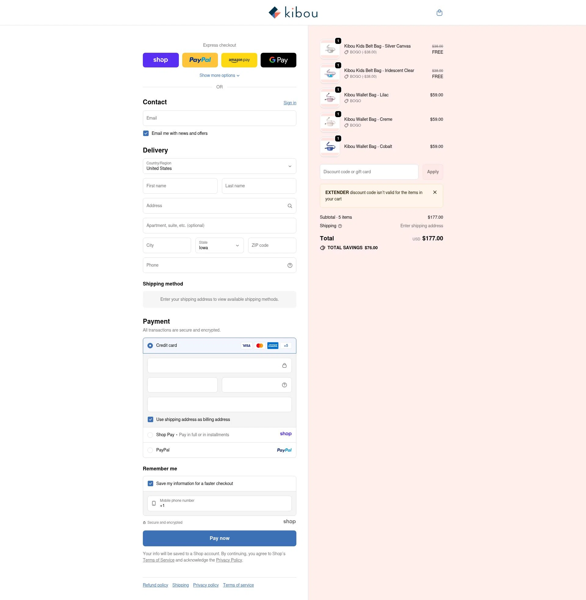 Kibou Bag checkout page showing Kibou Bag discount code box | Screenshot taken by SimplyCodes community member on Dec 25, 2025