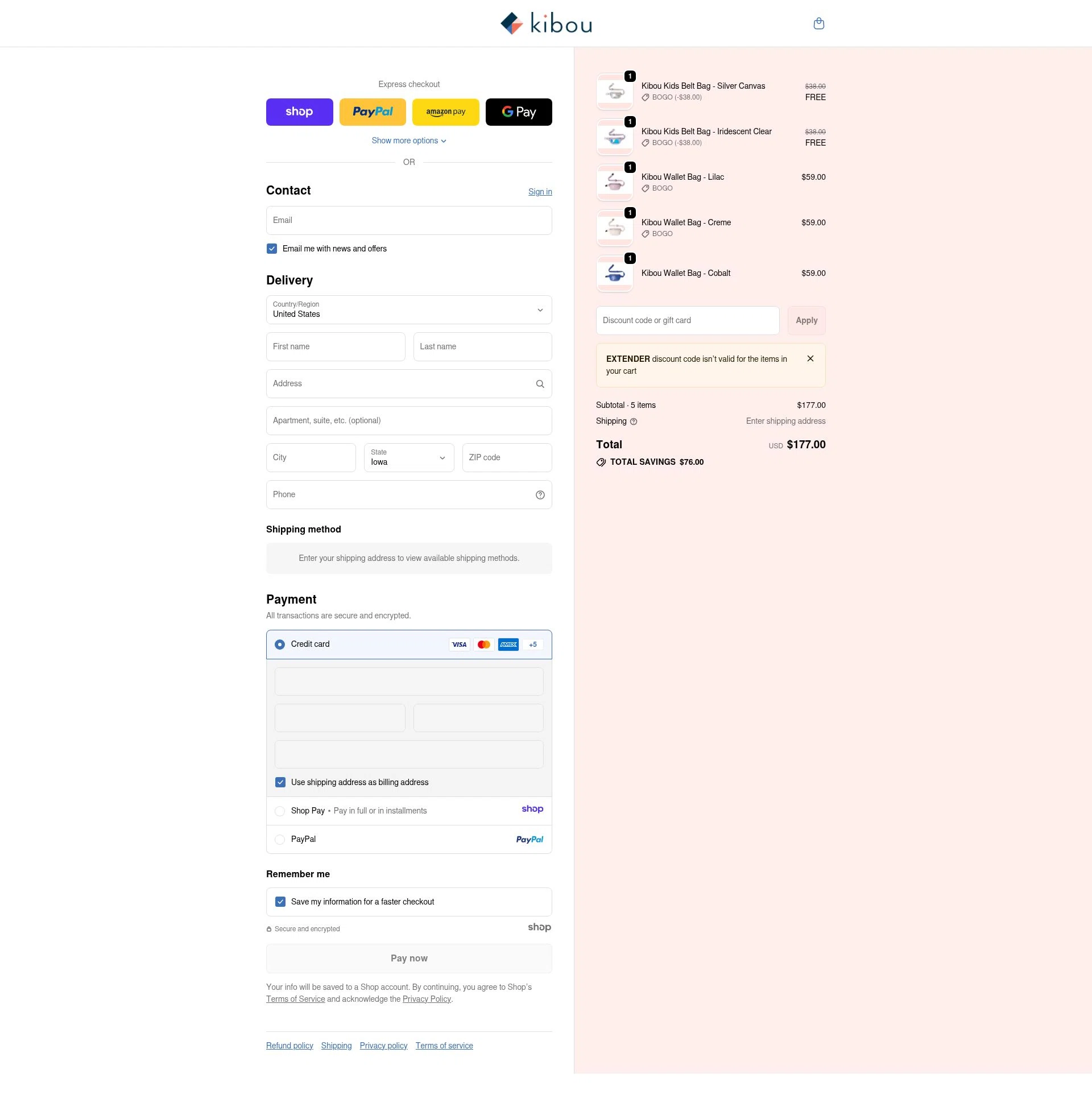 Kibou Bag checkout page showing Kibou Bag discount code box | Screenshot taken by SimplyCodes community member on Jan 4, 2026