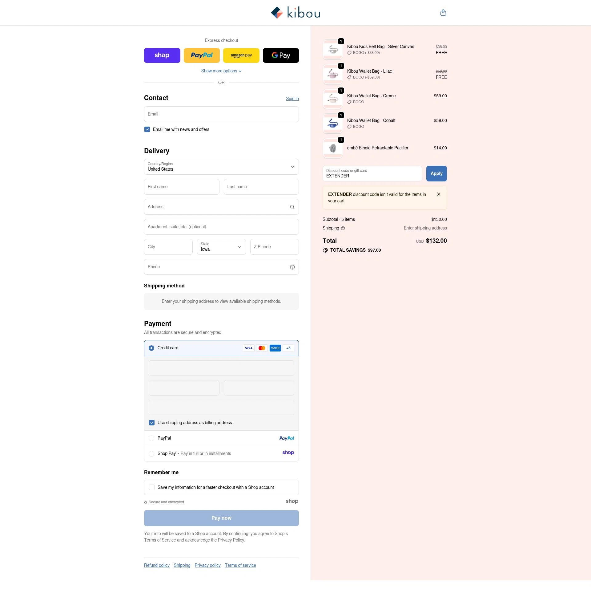 Kibou Bag checkout page showing Kibou Bag discount code box | Screenshot taken by SimplyCodes community member on Nov 16, 2025