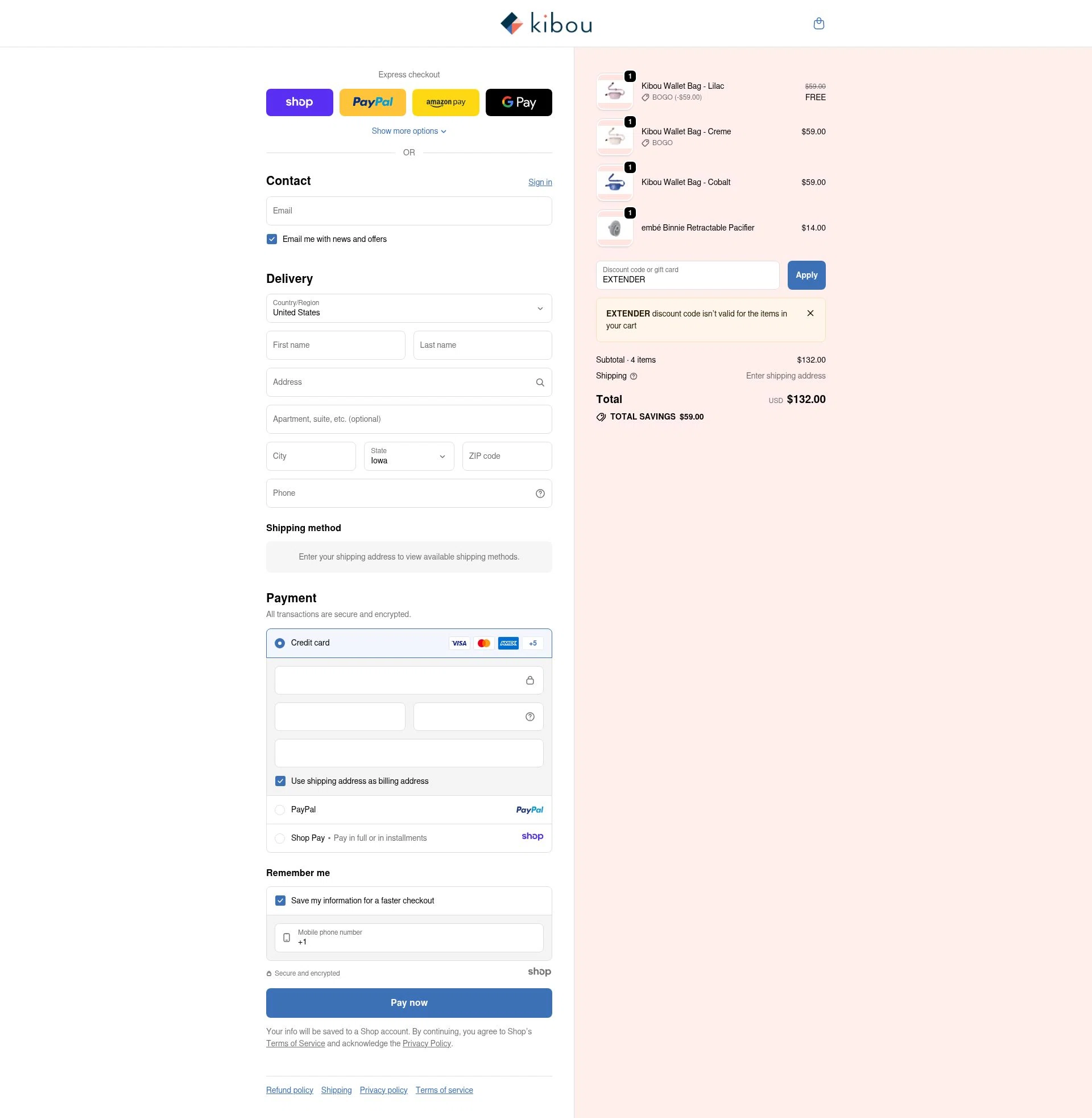 Kibou Bag checkout page showing Kibou Bag discount code box | Screenshot taken by SimplyCodes community member on Dec 13, 2025