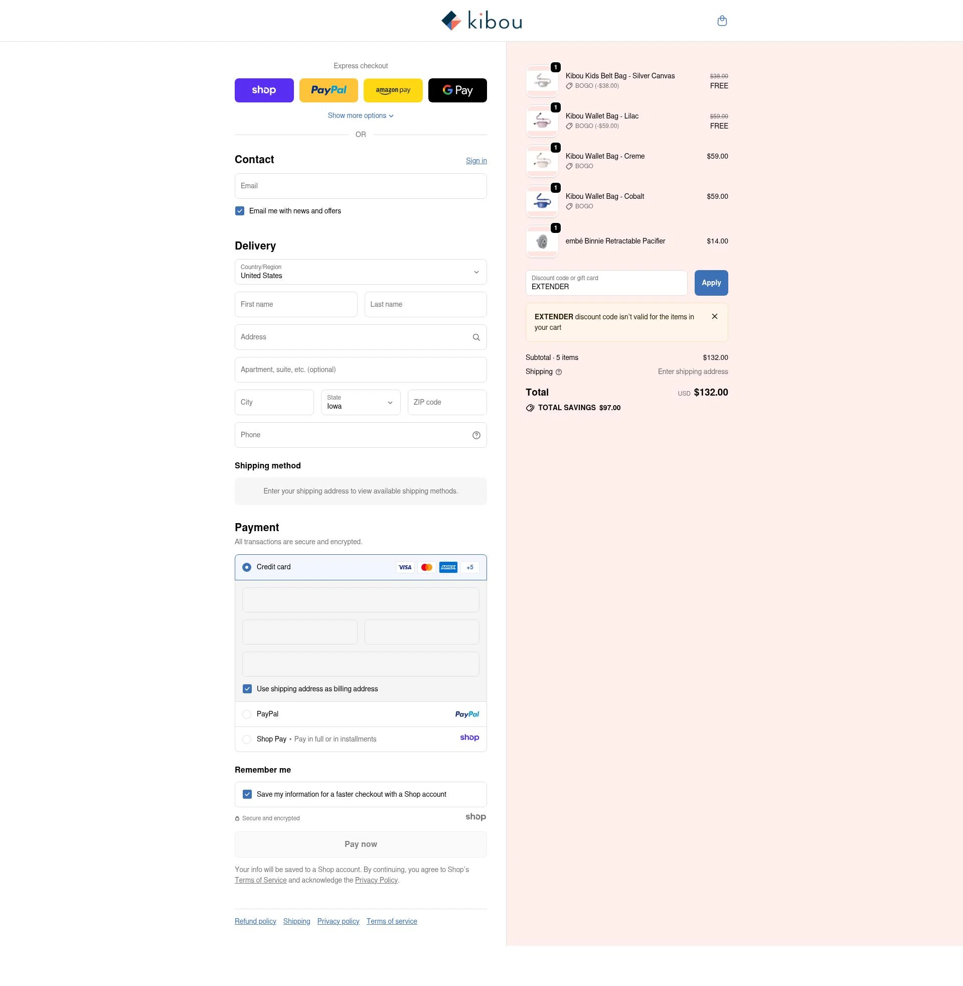 Kibou Bag checkout page showing Kibou Bag discount code box | Screenshot taken by SimplyCodes community member on Nov 26, 2025