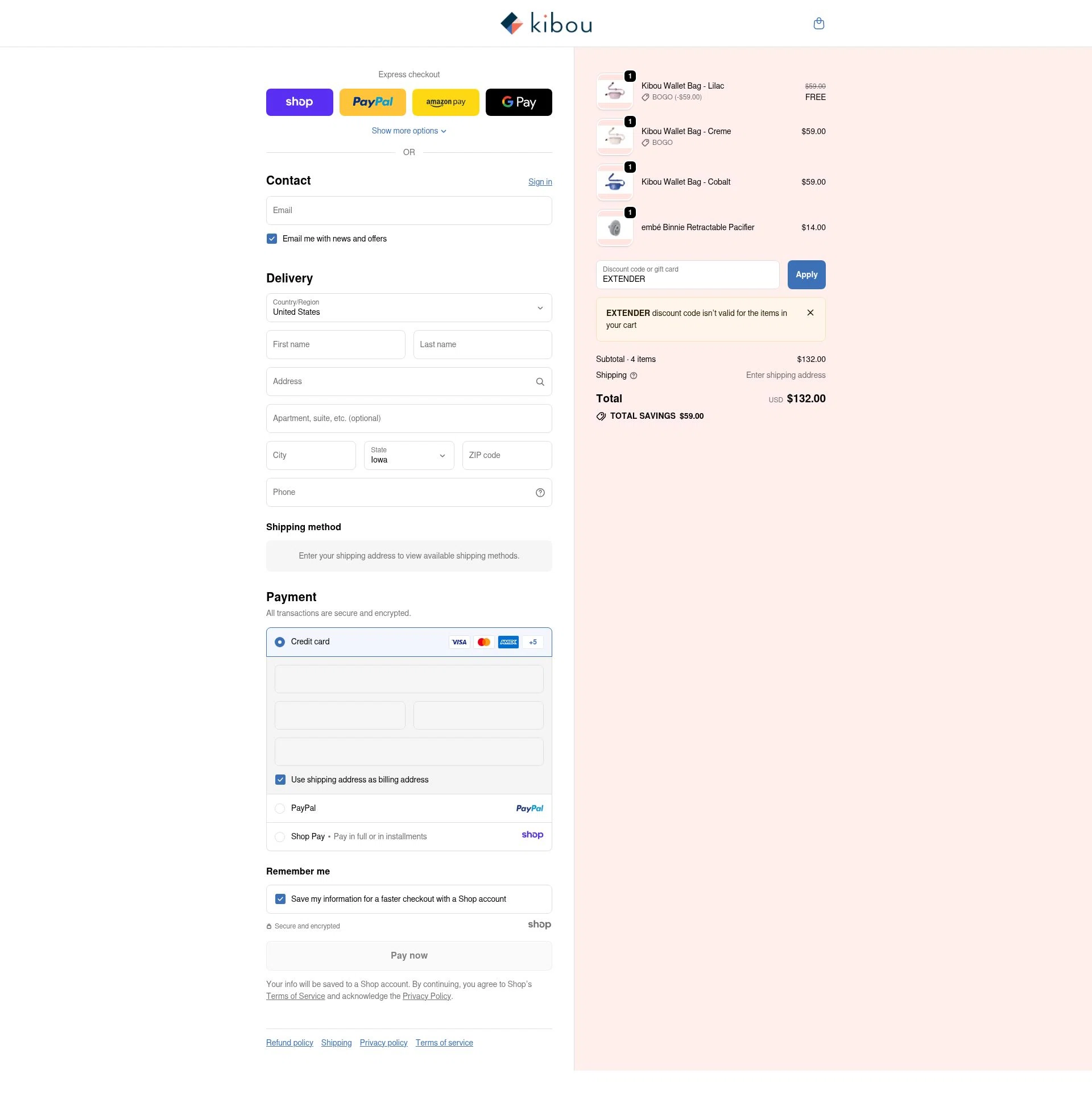 Kibou Bag checkout page showing Kibou Bag discount code box | Screenshot taken by SimplyCodes community member on Dec 1, 2025